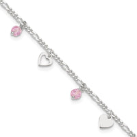 Sterling Silver Pink Glass Beads and Polished Hearts 9 inch Anklet with 1 inch extension - Larson Jewelers