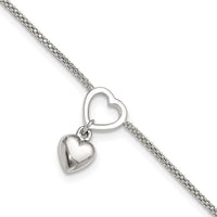 Sterling Silver Rhodium-plated Heart Dangle Charm 9in w/1in ext Anklet - Larson Jewelers