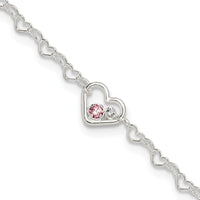 Sterling Silver Polished CZ Heart Link 9in Plus 1in ext. Anklet - Larson Jewelers