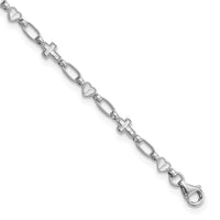 Sterling Silver Rhodium-plated 10 inch Heart and Cross Anklet - Larson Jewelers