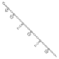 Sterling Silver Rhodium-plated Dog Bone Paw Heart Charm 7.5in Bracelet - Larson Jewelers