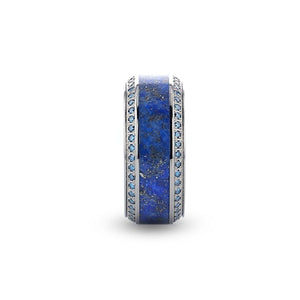 HYDRA Lapis Lazuli Inlaid Titanium Wedding Ring Polished Beveled Edges Set with Round Blue Diamonds - 10mm - Larson Jewelers