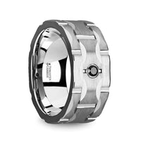 SAINT Brushed Tungsten Wedding Band with Grooves & Black Diamond - 10mm - Larson Jewelers