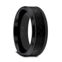 OXYN Black Titanium Polished Beveled Edges Black Carbon Fiber Inlaid Men’s Wedding Band - 6mm & 8mm - Larson Jewelers