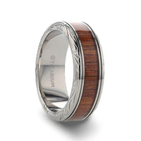 OHANA Koa Wood Inlaid Titanium Men’s Wedding Ring with Intricate Edges - 6mm - 10mm - Larson Jewelers