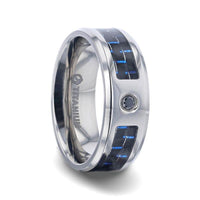 PACIFIC Black And Blue Carbon Fiber Inlaid Titanium Men's Wedding Band With Beveled Polished Edges and Black Sapphire Center Stone - 8mm - Larson Jewelers