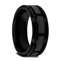 WINDSOR Beveled Black Tungsten Carbide Wedding Band with Brush Finished Center and Alternating Grooves - 8mm & 10mm - Larson Jewelers