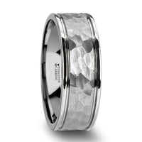 THORNTON Hammered Finish Center White Tungsten Carbide Wedding Band with Dual Offset Grooves and Polished Edges - 6mm & 8mm - Larson Jewelers
