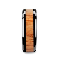OBLIVION Red Oak Wood Inlaid Black Ceramic Ring with Bevels - 10mm - Larson Jewelers