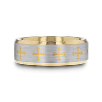 FLEUR CROSS on Flat Gold Plated Tungsten Carbide Ring with Beveled Edges