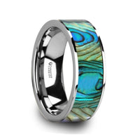LAURANT Tungsten Men’s Flat Wedding Band with Mother of Pearl Inlay & Polished Finish - 8mm - Larson Jewelers
