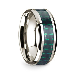 14k White Gold Polished Beveled Edges Wedding Ring with Black and Green Carbon Fiber Inlay - 8 mm - Larson Jewelers