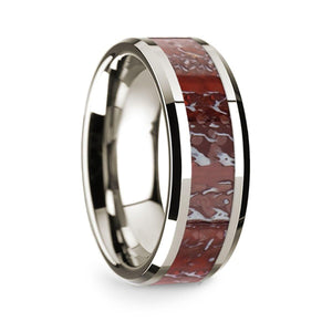 14k White Gold Polished Beveled Edges Wedding Ring with Red Dinosaur Bone Inlay - 8 mm - Larson Jewelers