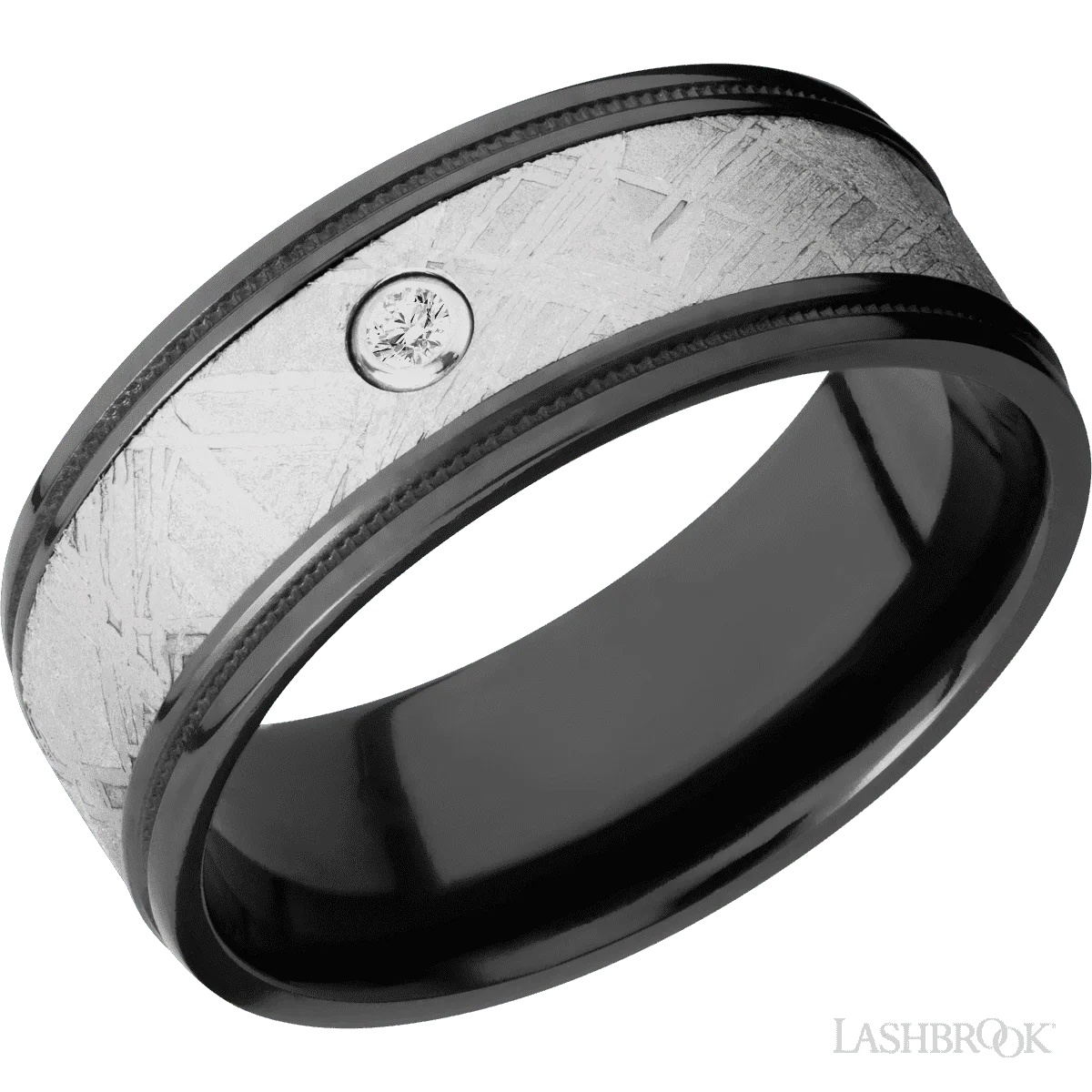 Black Zirconium flat band with milgrained grooved edges, a meteorite i