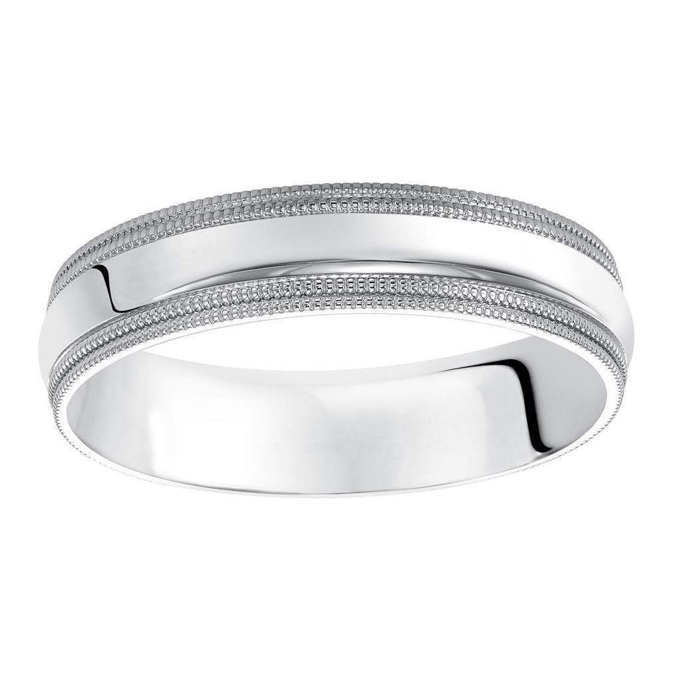 14k White Gold Wedding Band Domed High Polished Finish Double Milgrain Detail Flat Edges - 4mm- 10mm - Larson Jewelers