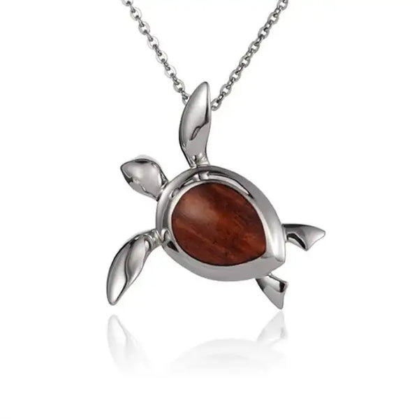 Sterling Silver Koa Wood Honu Turtle Pendant18" Necklace - Larson Jewelers