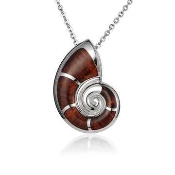 Sterling Silver Koa Wood Nautilus Seashell Pendant18" Necklace - Larson Jewelers