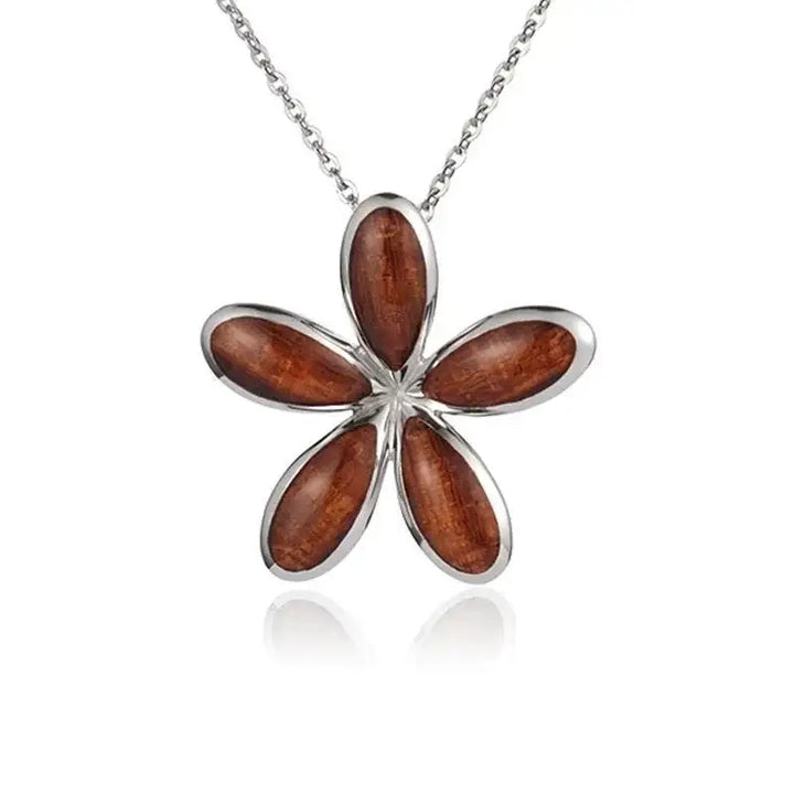 Sterling Silver Koa Wood Solid Inlay Plumeria Flower Pendant18" Necklace - Larson Jewelers