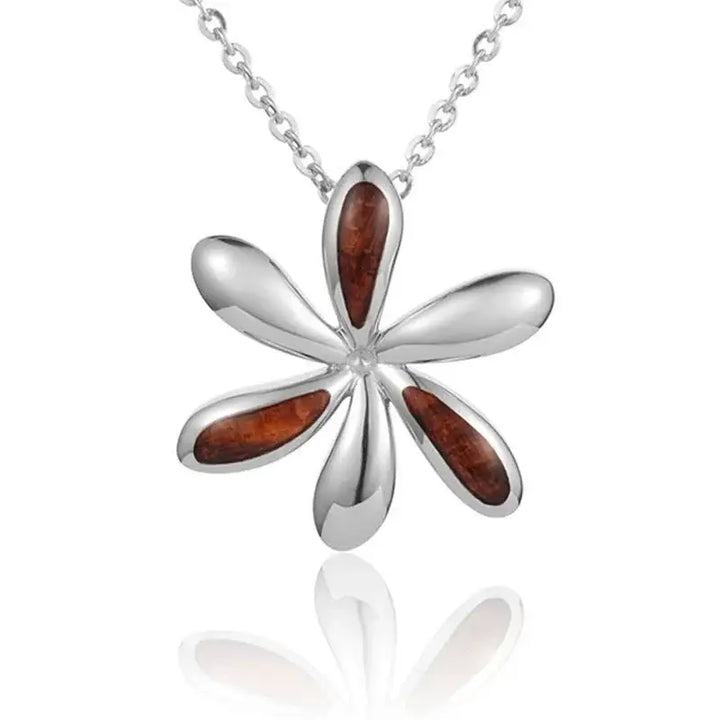 Sterling Silver Koa Wood Offset Inlay Tiare Flower Pendant18" Necklace - Larson Jewelers