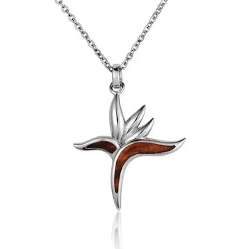Sterling Silver Koa Wood Bird of Paradise Pendant18" Necklace - Larson Jewelers