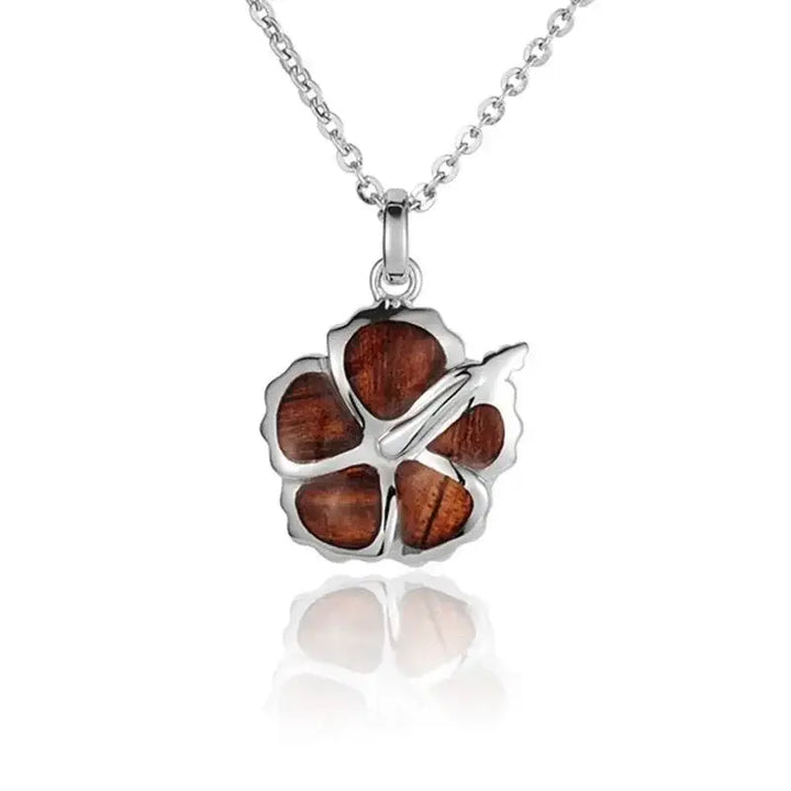 Sterling Silver Koa Wood Hibiscus Flower Pendant18" Necklace - Larson Jewelers