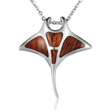 Sterling Silver Koa Wood Manta Ray Pendant18" Necklace - Larson Jewelers