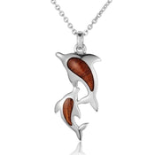Sterling Silver Koa Wood Double Dolphin Pendant 18" Necklace