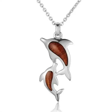 Sterling Silver Koa Wood Double Dolphin Pendant 18" Necklace - Larson Jewelers