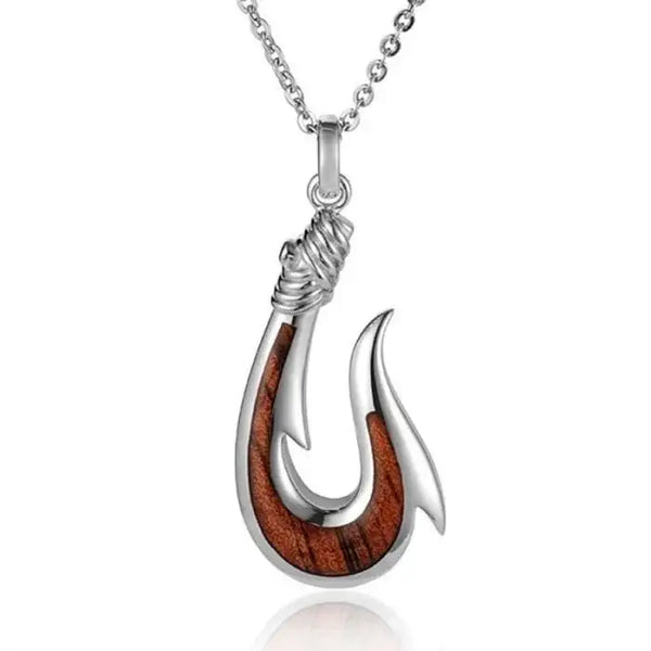 sterling-silver-koa-wood-large-fishing-hook-pendant-18-necklace-610684 - Larson Jewelers