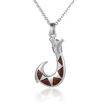 Sterling Silver Koa Wood Triangle Inlay Polynesian Fishing Hook Pendant18" Necklace - Larson Jewelers