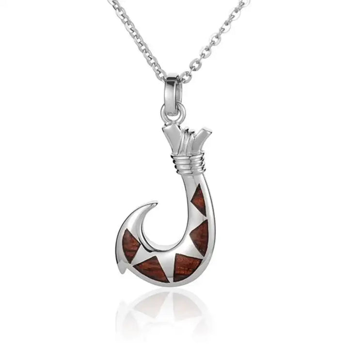 Sterling Silver Koa Wood Triangle Inlay Polynesian Fishing Hook Pendant18" Necklace - Larson Jewelers