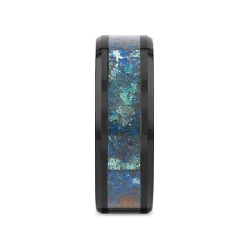 Front view of black beveled ceramic wedding band showing centered chrysocolla inlay, 8mm