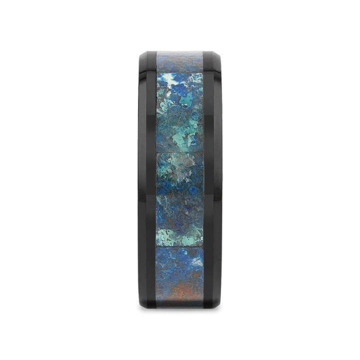 Front view of black beveled ceramic wedding band showing centered chrysocolla inlay, 8mm
