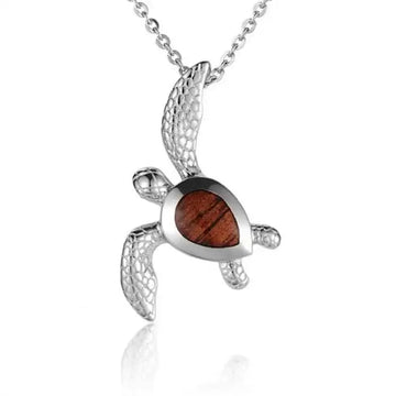 Sterling Silver Koa Wood Scaly Honu Turtle Pendant18" Necklace - Larson Jewelers