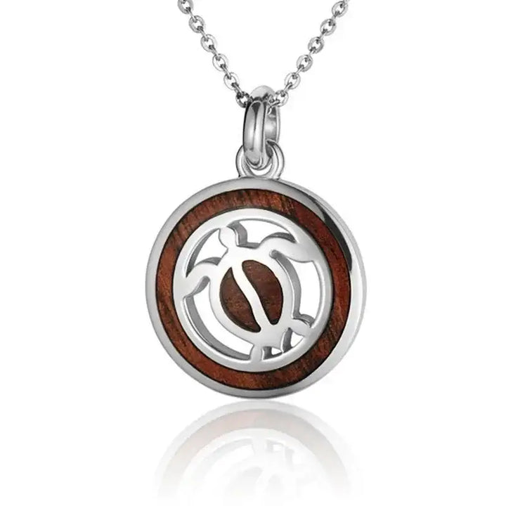 Sterling Silver Koa Wood Circle Honu Turtle Pendant18" Necklace - Larson Jewelers