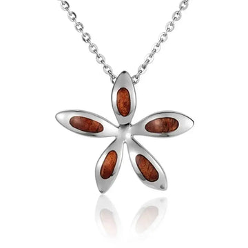 Sterling Silver Koa Wood Plumeria Flower Pendant18" Necklace - Larson Jewelers