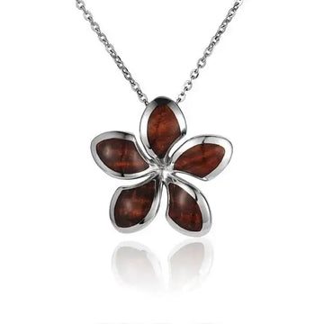 Sterling Silver Koa Wood Stylish Plumeria Flower Pendant 18" Necklace - Larson Jewelers