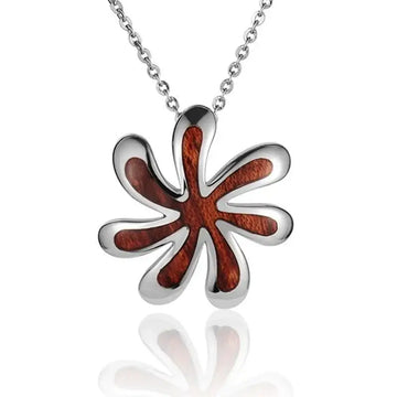 Sterling Silver Koa Wood Twisting Tiare Flower Pendant18" Necklace - Larson Jewelers