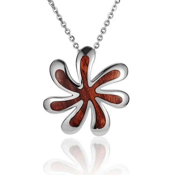 Sterling Silver Koa Wood Twisting Tiare Flower Pendant18" Necklace - Larson Jewelers
