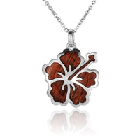 Sterling Silver Koa Wood Intricate Hibiscus Pendant 18" Necklace