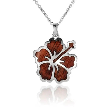 Sterling Silver Koa Wood Intricate Hibiscus Pendant 18" Necklace - Larson Jewelers