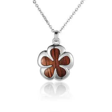 Sterling Silver Koa Wood Round Plumeria Flower Pendant 18" Necklace - Larson Jewelers