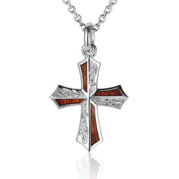 Sterling Silver Koa Wood Engraved Cross Pendant 18" Necklace - Larson Jewelers