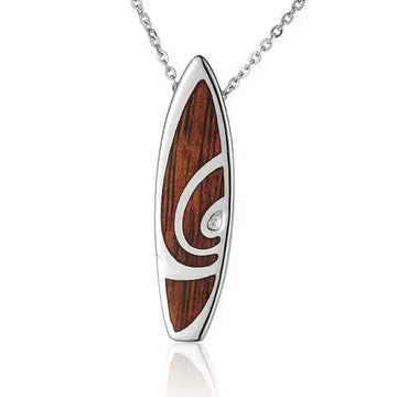 Sterling Silver Koa Wood Spiral Inlay Surfboard Pendant 18" Necklace - Larson Jewelers