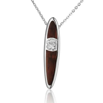 Sterling Silver Koa Wood Flower Engraved Surfboard Pendant18" Necklace - Larson Jewelers