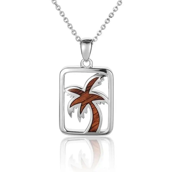 Sterling Silver Koa Wood Square Frame Palm Tree Pendant18" Necklace - Larson Jewelers