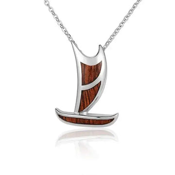 Sterling Silver Koa Wood Polynesian Voyaging Canoe Pendant 18" Necklace - Larson Jewelers