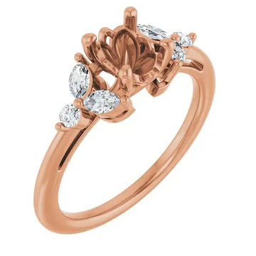 Rose gold engagement ring setting with ornate lotus-style center head and oval-cut diamond accents on each side.