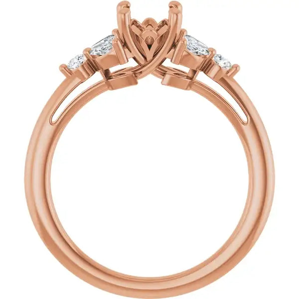 Rose gold engagement ring setting with heart-shaped center prong and two rectangular side stones on polished band.