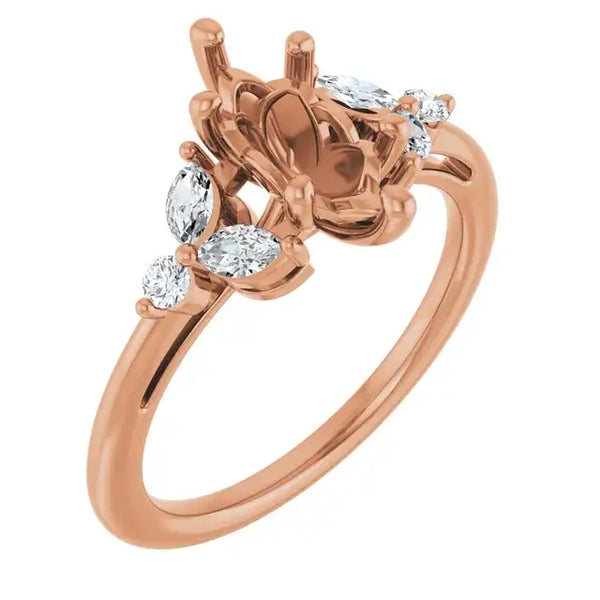 Rose gold engagement ring setting with ornate center gallery and marquise-cut diamond accents on the band.